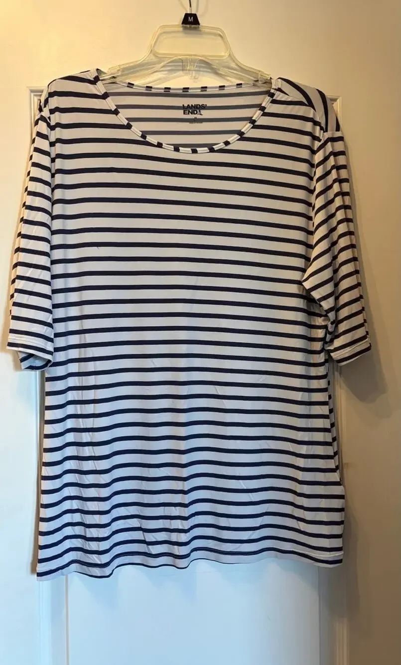 Lands End Rash Guard Shirt Womens Medium 10-12 Navy Striped Swim Top Elbow